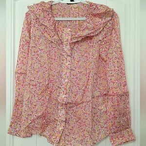 J Crew Multicolor Floral Button Front Raffle Neck Long Sleeve Women's Medium Reg
